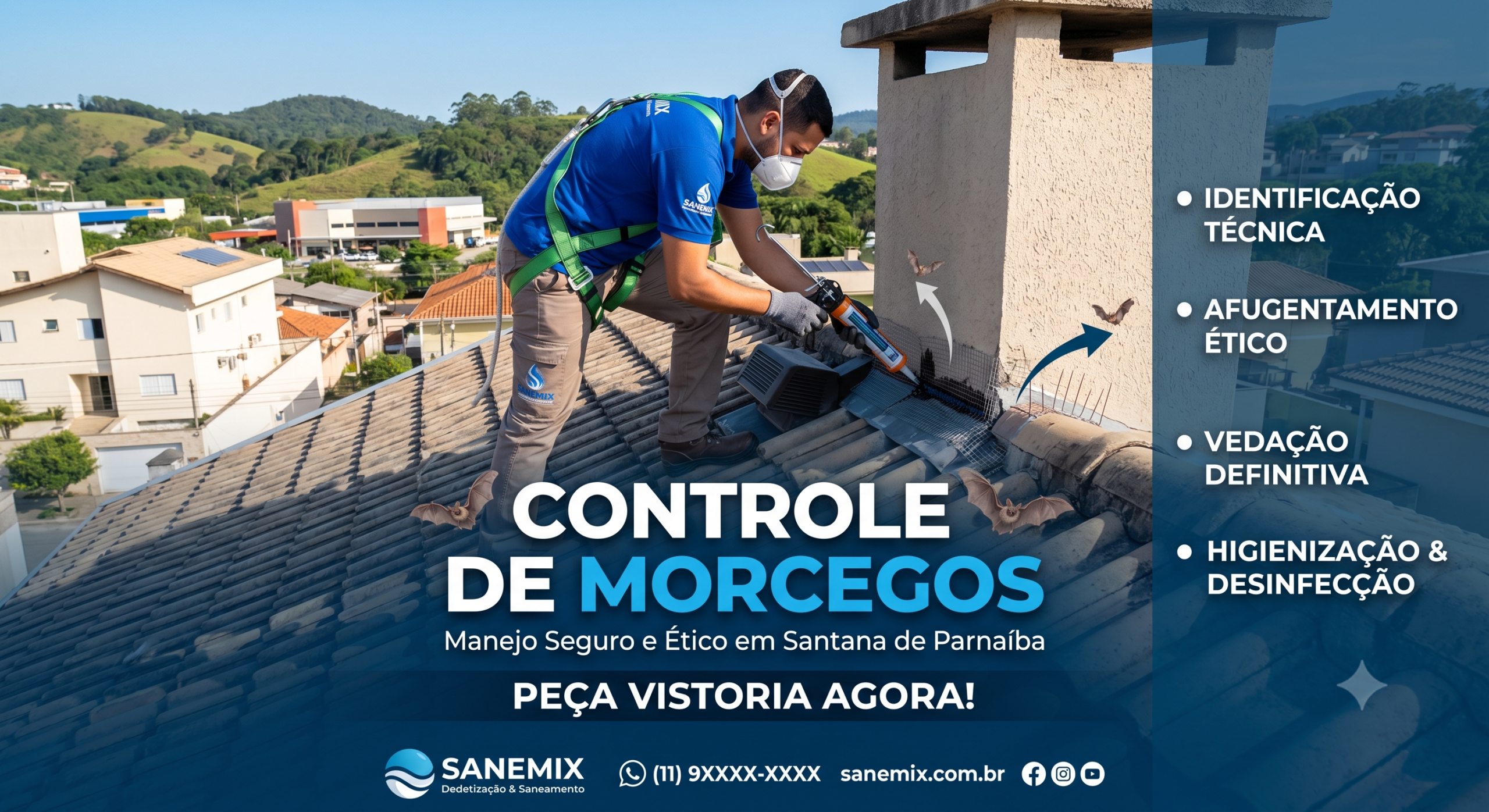 Técnico de telhado com máscara e arnês aplica selante em uma chaminé, em banner de controle de morcegos no telhado.