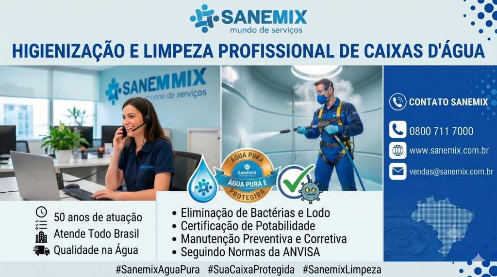 Banner da Sanemix anunciando higienização de caixas d'água, com atendente de headset à esquerda e técnico em atividade à direita, contatos da empresa à direita.